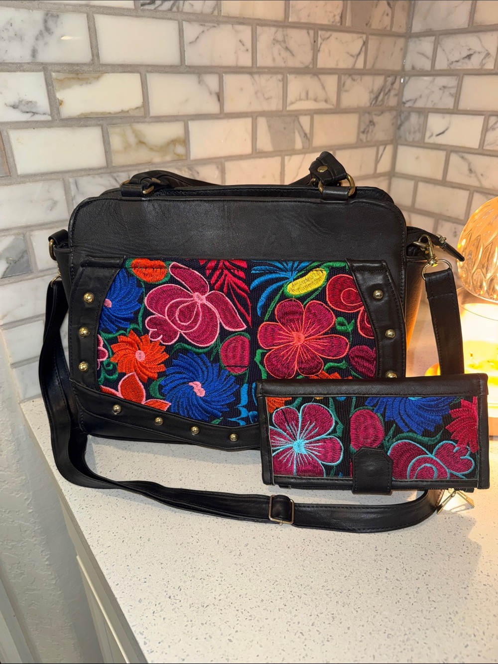 Handmade Floral Embroidered Crossbody Bag and Wallet Set. Black vegan leather